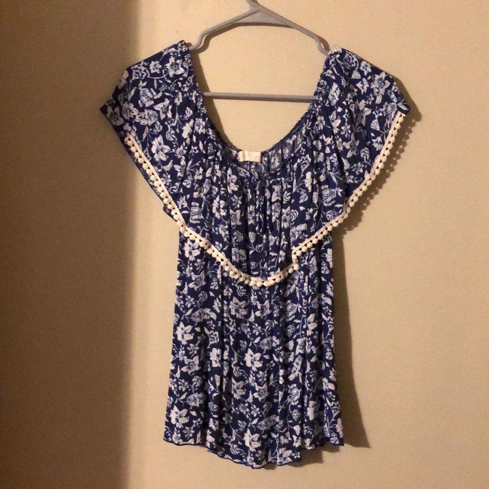 Blue off the shoulder top with white flowers